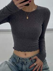 DAZY 女款露肩方領修身長袖極簡性感休閒內搭套頭優雅T恤 - 黑色 - 查看 2