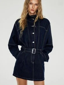 ATUI Studio Gaun Denim Lengan Panjang dengan Kancing Depan dan Pinggang Ramping untuk Wanita, Model Street Style, dan Saku. - Dark Wash - View 1