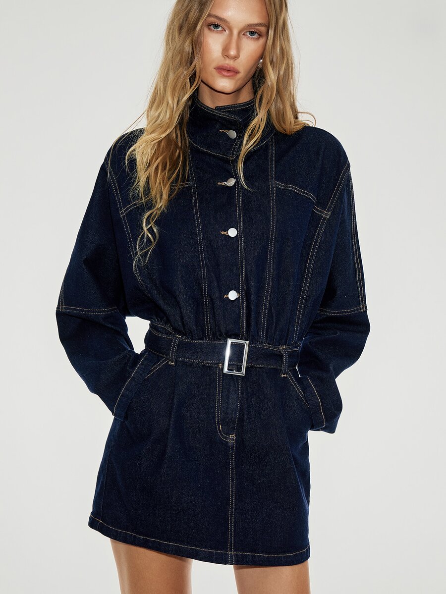 ATUI Studio Gaun Denim Lengan Panjang dengan Kancing Depan dan Pinggang Ramping untuk Wanita, Model Street Style, dan Saku. - Dark Wash - View 1