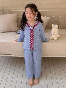 Dazy Kids 少女秋季服飾 格紋短袖長褲居家休閒套裝 春夏款 - 淺藍色 - 查看 1