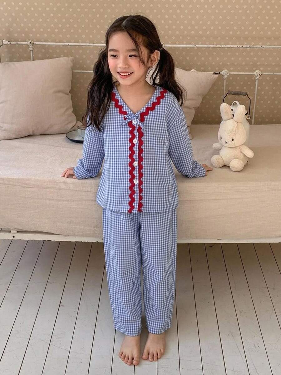 Dazy Kids 少女秋季服飾 格紋短袖長褲居家休閒套裝 春夏款 - 淺藍色 - 查看 1