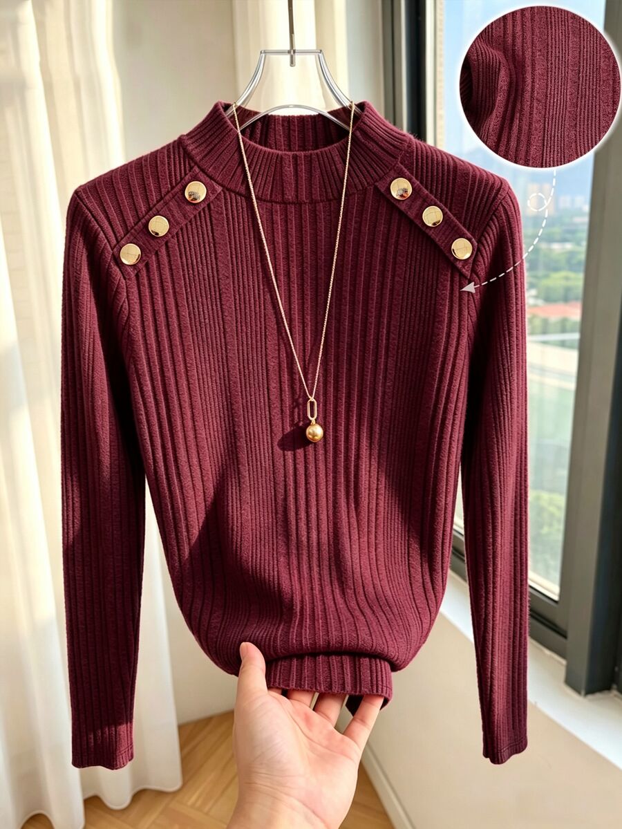SHEIN Franclia 女款針織立領修身長袖上衣,鈕扣裝飾,適合約會、度假、派對、日常外出、聚會、戶外活動、通勤、街頭風 - 酒紅色 - 查看 1