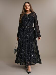 Freevana Plus Size Women's Party Mesh Rhinestone Long Sleeve Round Neck Dress Set - Black - View 6