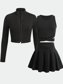 SHEIN 兒童青少年女孩極簡黑色針織三件套：長袖半高領拉鍊上衣、交叉腰背心與迷你運動套裝，返校穿搭 - 黑色 - 查看 4