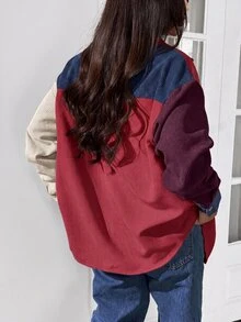 SHEIN EZwear Women's Plus Size Colorblock Patchwork Long Sleeve Shirt Fall - Burgundy - View 2
