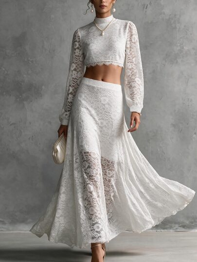 Omancia Mock Neck Crop Lace Top & Skirt