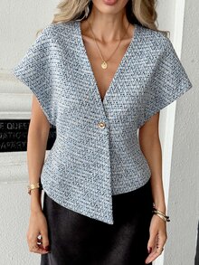 Pariaura French Minimalist Broad Shoulder Structured Cut Metal Button Contrast Color Asymmetrical Hem Mixed Coarse Textured Fabric Professional Elegant Deep V Neck Vest Tank Top Women Blouse - Blue - View 5