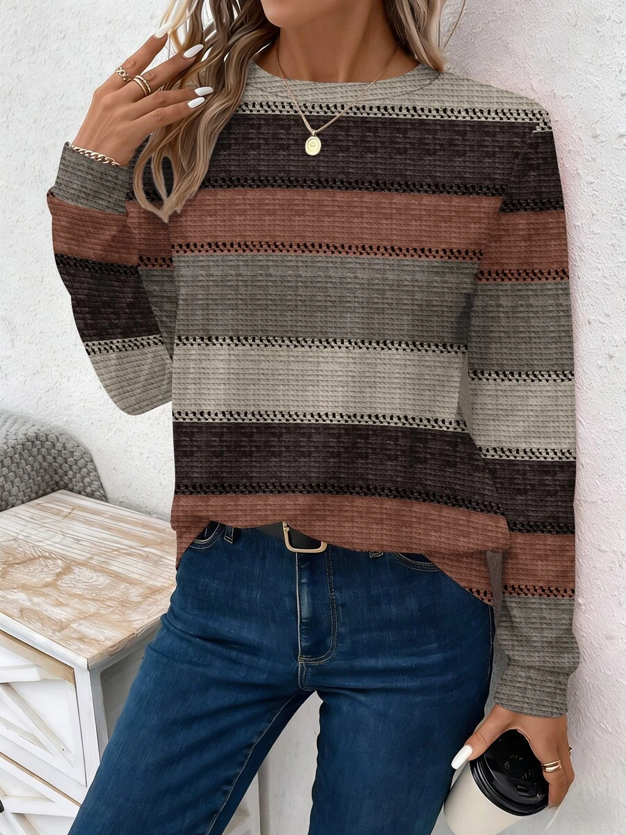 EMERY ROSE Women's Colorblock Horizontal Striped Crew Neck Casual Everyday Versatile Long Sleeve T-Shirt - Multicolor - View 1