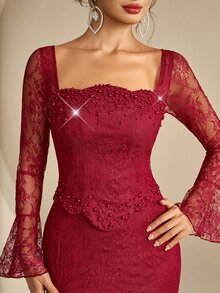 Women's Lace Long Sleeve Front Beaded Long Formal Evening Gown (Heavy Workmanship Style) - Burgundy - View 5