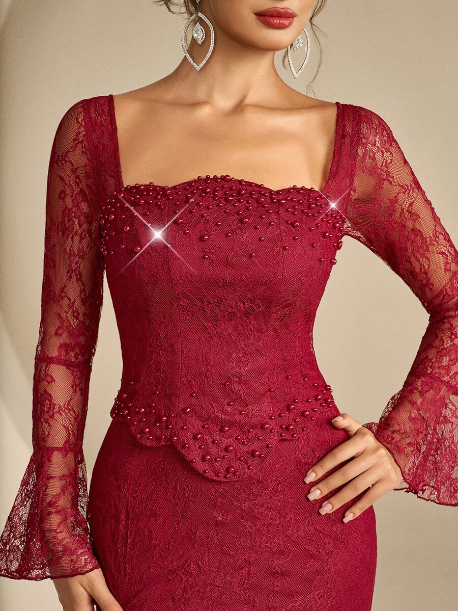 Coutiva Women's Lace Long Sleeve Front Beaded Long Formal Evening Gown (Heavy Workmanship Style) - Burgundy - View 1