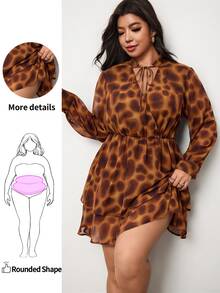 Enliva Plus Size Women's Printed Mini Dress V Neck Long Sleeve Ruffle Hem Flowy Dress Flattering Compatible With Apple Shape - Brown - View 1