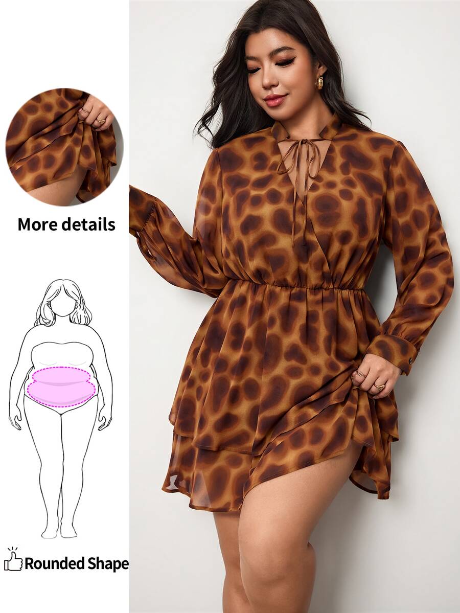 Enliva Plus Size Women's Printed Mini Dress V Neck Long Sleeve Ruffle Hem Flowy Dress Flattering Compatible With Apple Shape - Brown - View 1
