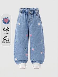 Young Girl Fall/Winter Y2k Colorful Heart Embroidery Pattern Blue Denim Loose Waist Jeans, For Daily And Streetwear - Light Wash - View 6
