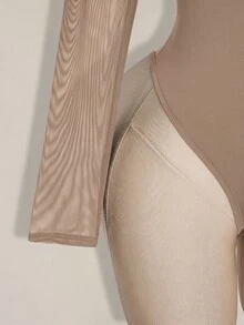 SHEIN ICON 大尺碼網格拼接 Y2K 性感連身衣 - 卡其色 - 查看 10