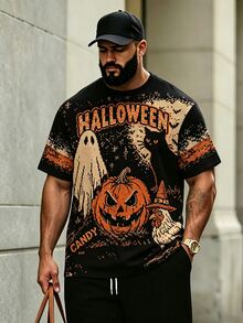 Manfinity Roghcode 男士大尺碼萬聖節圖案T恤，南瓜幽靈貓頭鷹印花寬鬆短袖街頭風上衣 - 彩色 - 查看 3