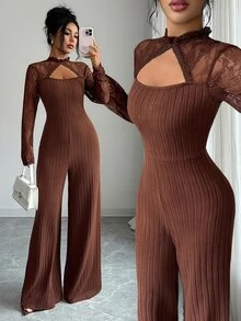 Elenzga Autumn/Winter Daily Commute Minimalist Slim Fit Lace High Neck Floral Lace Patchwork Ribbed Slimming Flared Jumpsuit Solid Dark Coffee Color Women's Jumpsuit - Coffee Brown - View 1