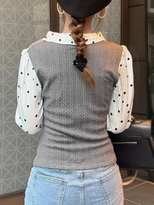 FRIFUL Women's Autumn Patchwork Polka Dot Blouse - Grey - View 2