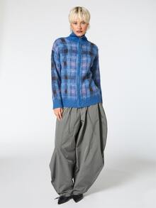 Zip Up Check Jacquard Cardigan Y2K Fall  - Blue - View 4