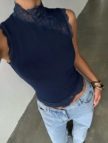 Aloruh Women's High Neck Sleeveless Lace Trim Solid Color T-Shirt - Navy Blue - View 5