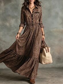 Glimmora Women's Spring Autumn French Vintage Leopard Print Casual Lazy Vacation Style Small Collar Long Sleeve Button Design Dress - Brown - View 4