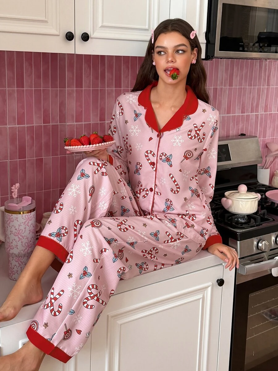 SweetSlumber طقم بيجامة نسائي وردي حلو بتصميم عيد الميلاد مع فيونكة الحلوى وندفة الثلج المنسوجة على الياقة - وردي - مشاهدة 1