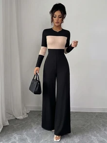 GlowEve Jumpsuit nữ ống rộng tay dài cổ tròn phối màu phong cách thường ngày cho mùa thu - Nhiều màu - Xem 9