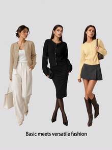 SHEIN BASICS 女款時尚羅紋鈕扣長袖針織開襟衫 - 卡其色 - 查看 9