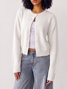 SHEIN BASICS 女款極簡復古單排扣長袖針織開襟衫 - 白色 - 查看 3