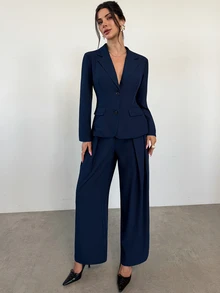 Firerie Autumn/Winter Elegant Commute Solid Navy Blue Long Sleeve Blazer & Pants Suit Set, Suitable For Office Wear, Women's Suit Set - Navy Blue - View 3