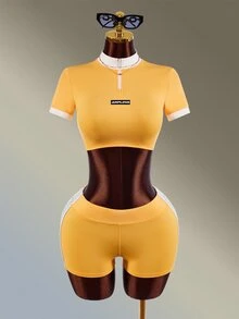 Amplova Women's Letter Print Stand Collar Short Sleeve Cropped T-Shirt And Shorts Sports Set - Butter Yellow - View 4