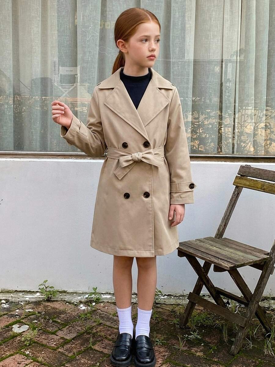 Hapijoa Tween Girl Loose Fit Turn Collar Autumn Long Sleeve Tie Khaki Solid Color Woven Trench Coat - Khaki - View 1