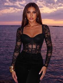 SHEIN Glamour Rhinestone Applique Mesh Sexy Women One Piece Bodysuit - Black - View 1
