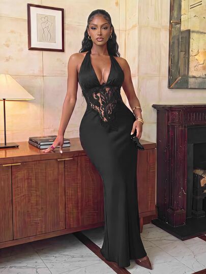 SHEIN SXY Sexy Nightclub Lace Patchwork Satin Dress