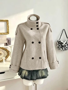 Elamini Elegant Stand Collar Double-Breasted Design Classic Grey French Minimalist Versatile Autumn/Winter New High-End Lazy Style Women's Wool Coat - Multicolor - View 1