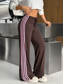 SHEIN EZwear 女款休閒條紋拼色抽繩腰長褲，適合日常穿著 - 咖啡棕 - 查看 6