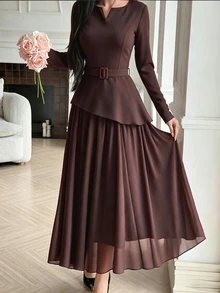 Celisse New Chinese Style Stand Collar Frog Button Flared Long Sleeve, Waist-Cinched Draped Full Skirt Maxi Cheongsam Dress - Dark Brown - View 7