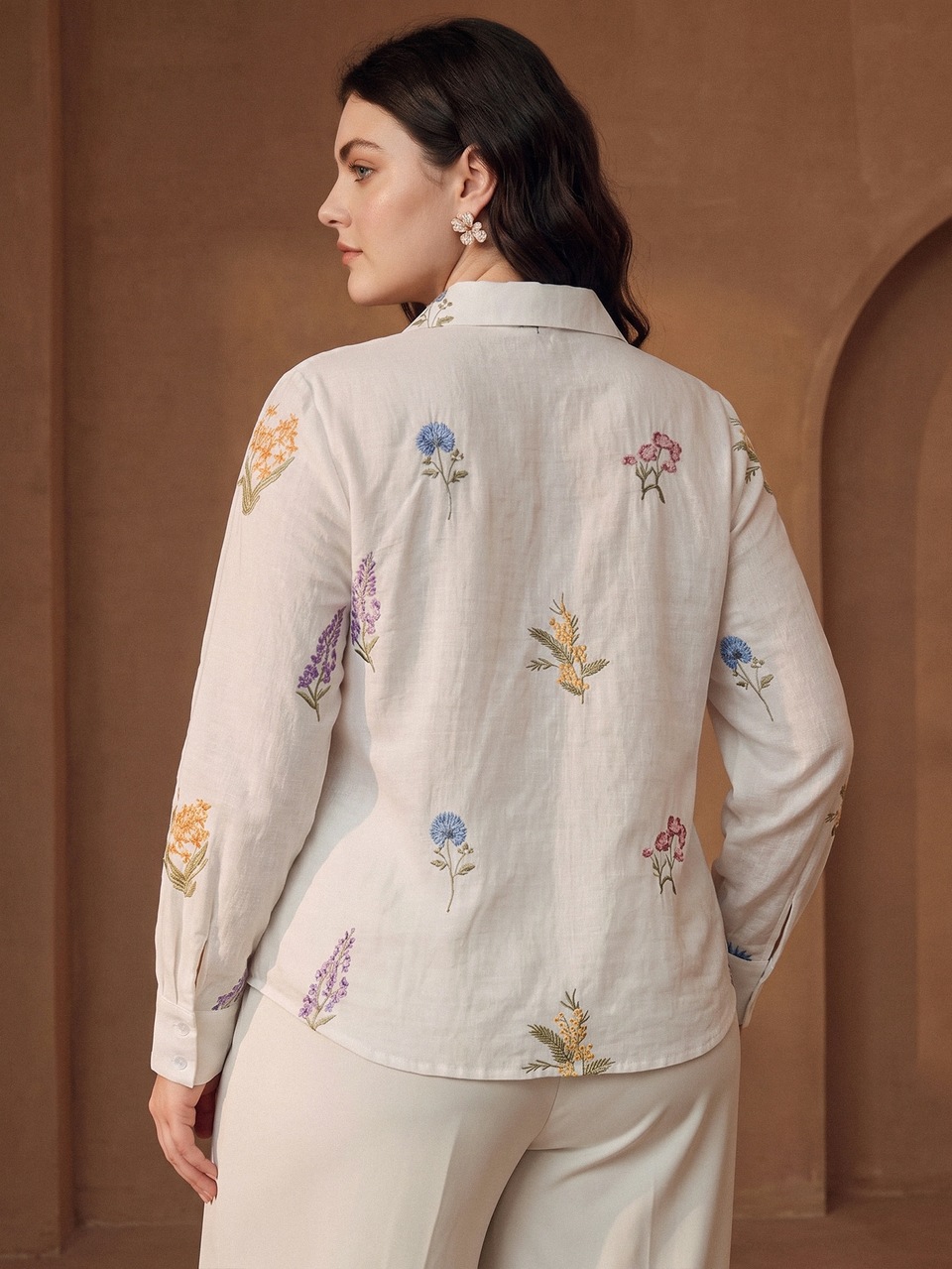 Elegant Romantic Random Embroidered Floral Long Sleeve Design Pleated Vacation Style Faux Linen Plus Size Shirt