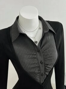 Elamini Áo blouse nữ tay dài phối patchwork họa tiết sọc, cổ sơ mi, cài cúc, xếp ly - màu đen - Xem 5