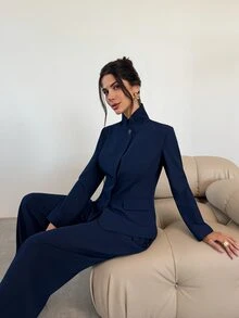 Firerie Autumn/Winter Elegant Commute Solid Navy Blue Long Sleeve Blazer & Pants Suit Set, Suitable For Office Wear, Women's Suit Set - Navy Blue - View 9