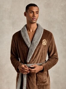 EverLounge Men's Autumn/Winter Minimalist Basic Fashion Comfortable British Style Embroidered Red Brown Flannel Contrast Dark Grey Double-Sided Fleece Shawl Collar Long Home Wear Robe Coat - Brown - View 5