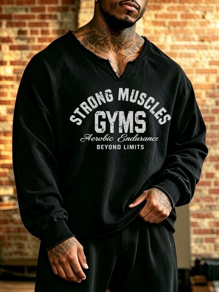 GymBeat Kaos Olahraga Kasual Lengan Panjang Leher V Berlekuk dengan Cetakan Huruf untuk Pria - Hitam - View 1