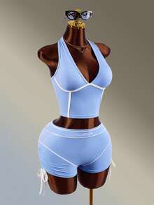 Amplova Setelan Olahraga Wanita: Atasan Tank Top Model V-Neck dan Celana Pendek - Biru - View 4