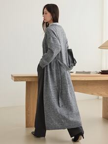 Dazy-Less Women's Solid Color Dropped Shoulder Long Sleeve Waist Tie Long Knit Cardigan - Dark Grey - View 2