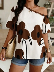 Louniche Off-Shoulder Floral Print Top, Beige & Navy Color Block Casual Blouse For Daily & Vacation - Multicolor - View 6