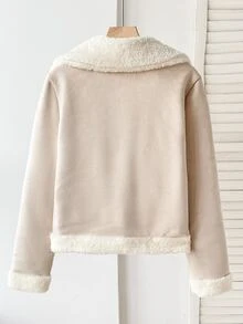 SHEIN 青少年女孩秋冬休閒街頭時尚機車風麂皮抓絨複合加厚翻領拉鍊不對稱口袋夾克外套，適合返校與日常穿著 - 卡其色 - 查看 6