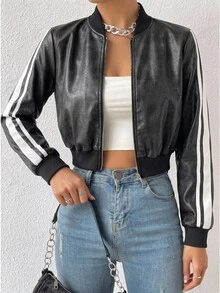 SHEIN EZwear 女款秋冬美式復古皮革棒球夾克 - 黑色 - 查看 7