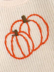 Souflis 1件裝橘色南瓜刺繡嬰兒毛衣，萬聖節兒童粗針編織套頭上衣，中性嬰幼兒休閒百搭運動衫 - 杏色 - 查看 4
