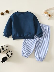 SHEIN 2件組嬰兒男童/女童秋冬加厚抓絨內裡白色鵝圖案運動衫與條紋慢跑褲套裝，嬰兒男童冬季套裝，運動服 - 彩色 - 查看 2