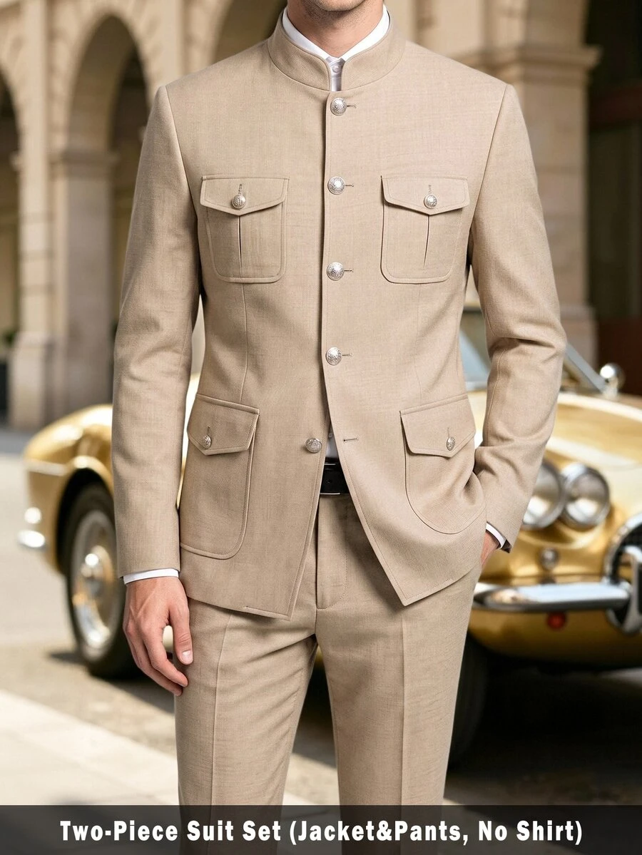 Manfinity Mode Men Safari Suits Regular Fit 2 Pieces Stand Collar Chinese Suit For Wedding Men 4 Pocket Blazer Pants Set - Khaki - View 1
