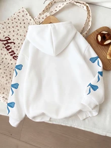 1件女童休閒時尚甜美可愛卡通兔子蝴蝶結印花白色運動衫，適合秋冬日常穿著，舒適秋冬款長袖上衣 - 彩色 - 查看 2